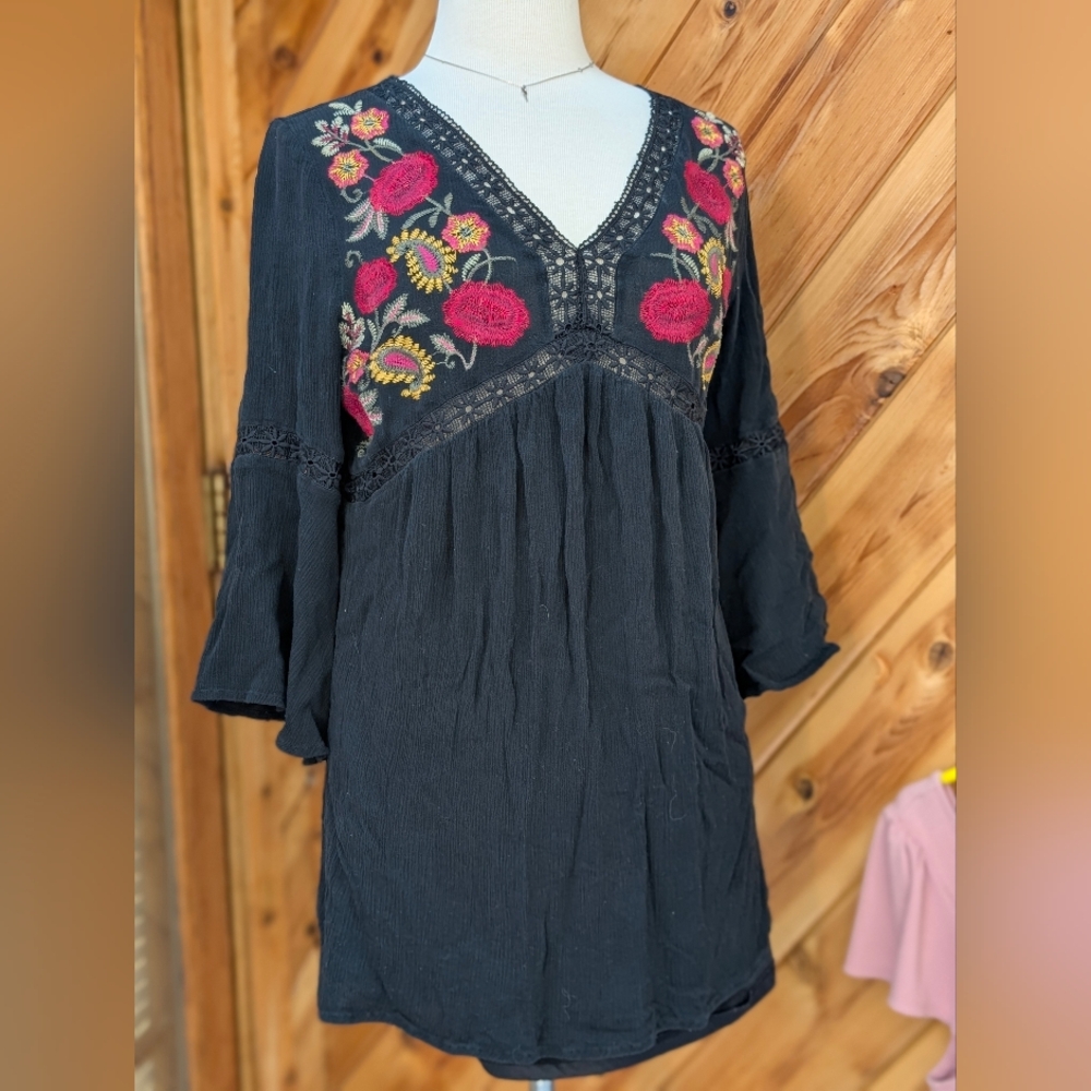 Embroidered Black Top with Floral Accents
